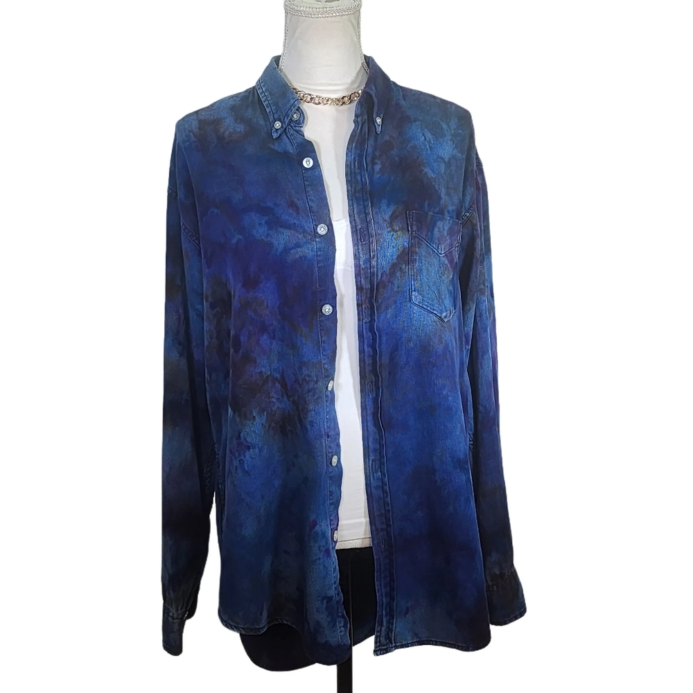 Upcycled, Vintage multi-color tie dye, Calvin Klein Button down shirt. Size: Med
